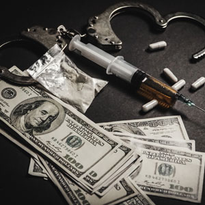 Handcuffs and drugs symbolize drug charges