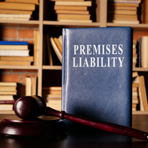 Premises Liability Law Book with Gavel in Library